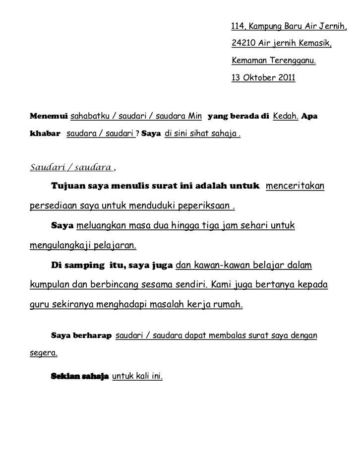 Format Karangan Surat Tidak Rasmi – bahasamalaysiayear7